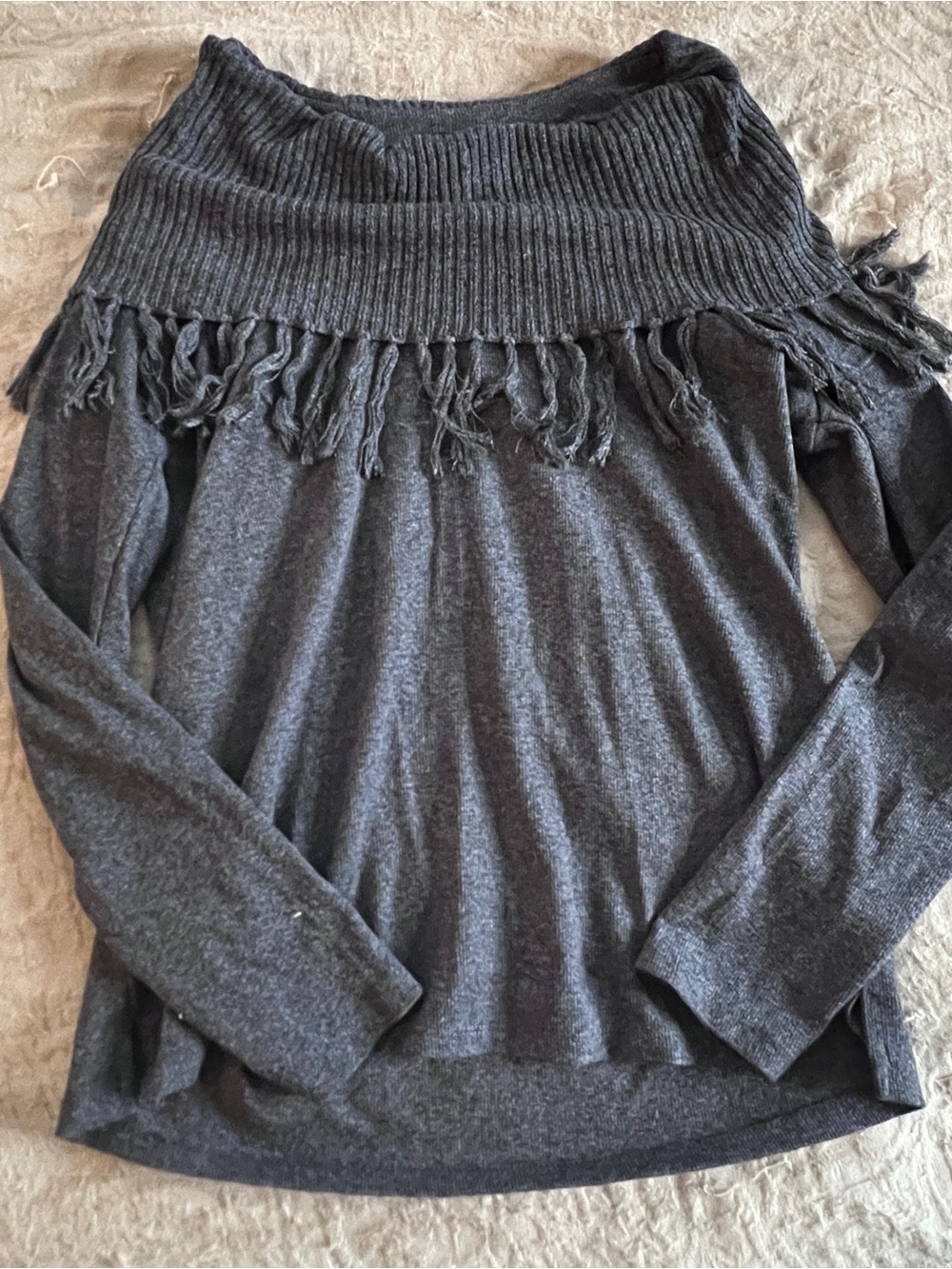 Women’s Cowl Neck Fringe Dark Grey Fall Sweater Old Money Gothic Academia Sz M